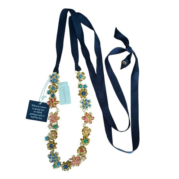 NWT RSVP By Talbots Adjustable Ribbon Tie Statement Necklace Gold-Tone Flowers - Picture 7 of 11